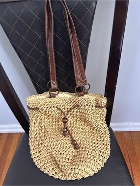 Straw Woven Shoulder hobo Bag with Brown Leather Straps
